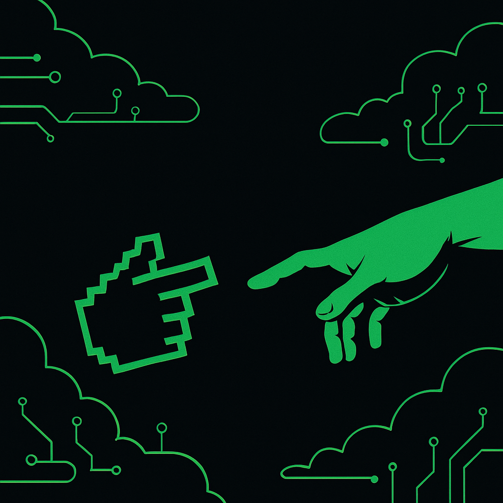 Pixel and human hands reach toward each other